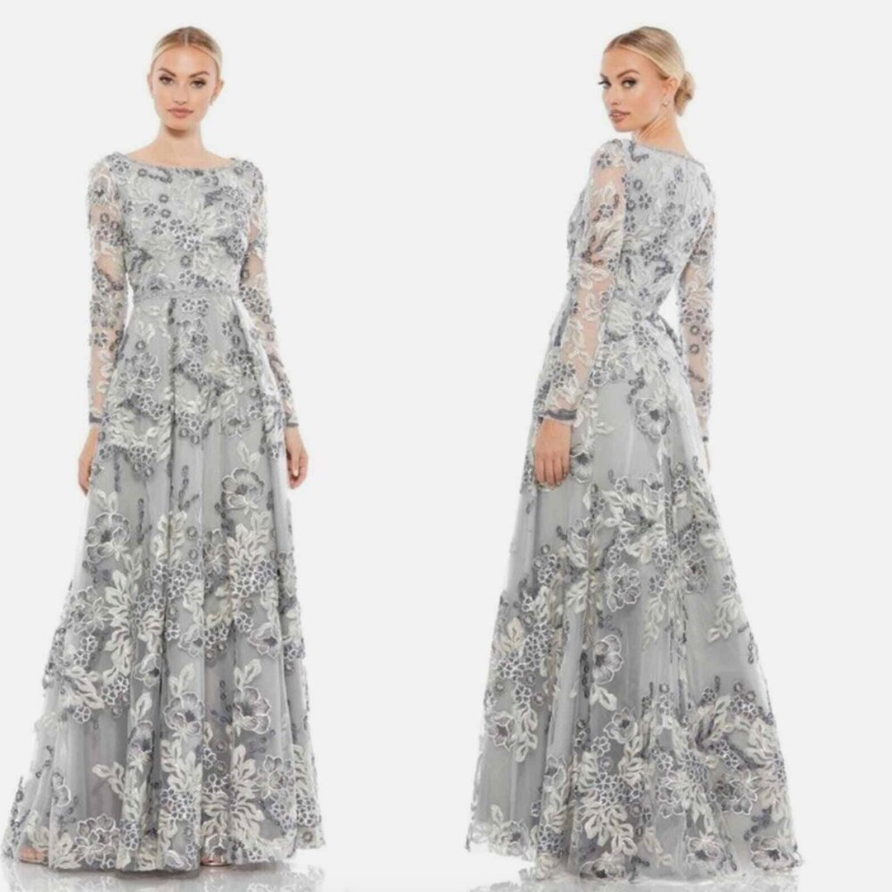 MAC DUGGAL 11185 FLORAL EMBELLISHED ILLUSIONS A-LINE PLATINUM GOWN sz 8